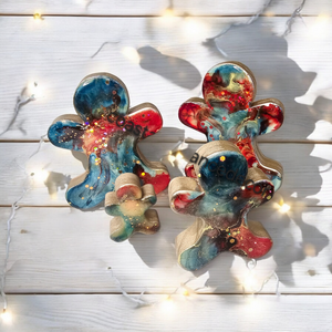 Chunky Wood with Resin Handmade Gingerbread Men Christmas Decorations Slate Blue and Red 3 Sizes