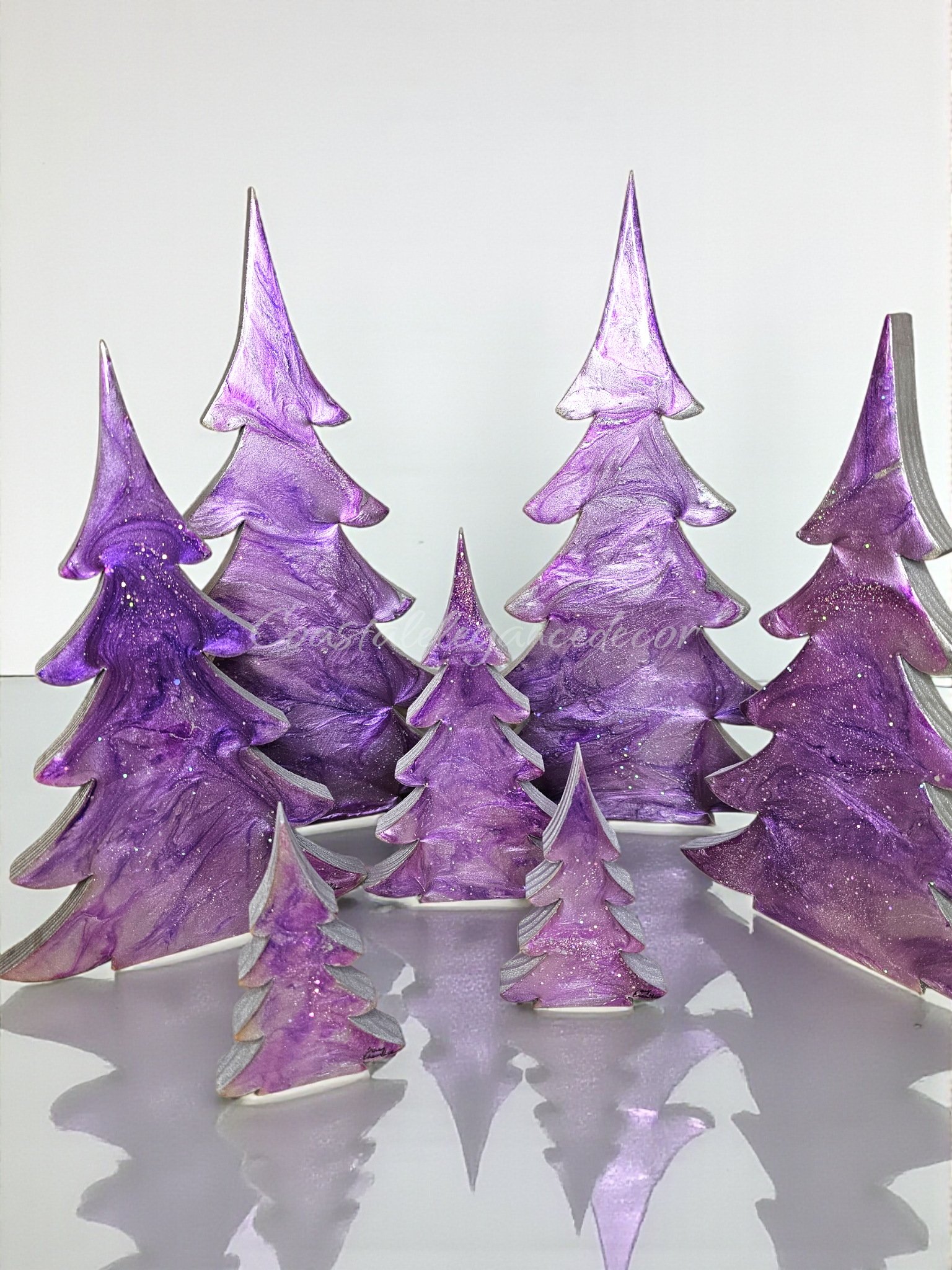 Shimmery Silver Lavender and Pink Christmas Trees with Branches Holiday Mantelpiece - Handcrafted decor in three sizes, featuring unique patterns and shimmering resin.