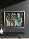 Load image into Gallery viewer, Hand-Painted Layered Wood Sea Turtle Wall Art – 11x14 Coastal Blues in Wood Cradle
