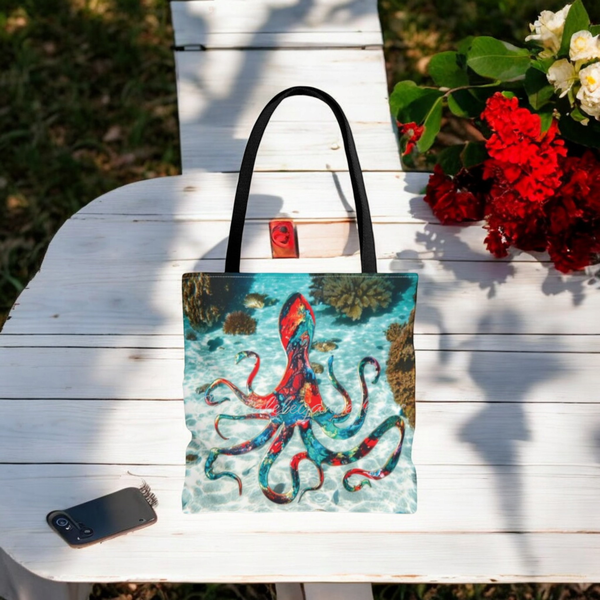 Stylish Octopus Tote Bag with Ocean Background featuring double-sided print, available in 3 sizes, and customizable handles for a fun and creative accessory.