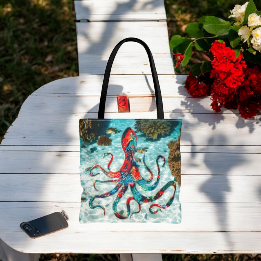 Octopus Tote Bag with Water Background - Double-Sided Print 3 Sizes and Handle Colors