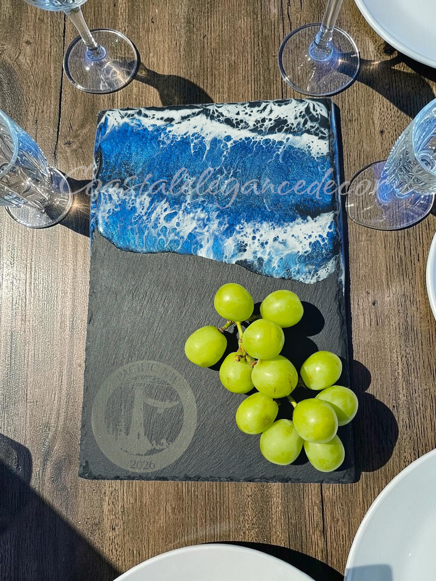 Slate & Ocean Resin Wave Charcuterie Board | Pacific Northwest Eagle & Lighthouse Serving Platter (12" x 8")