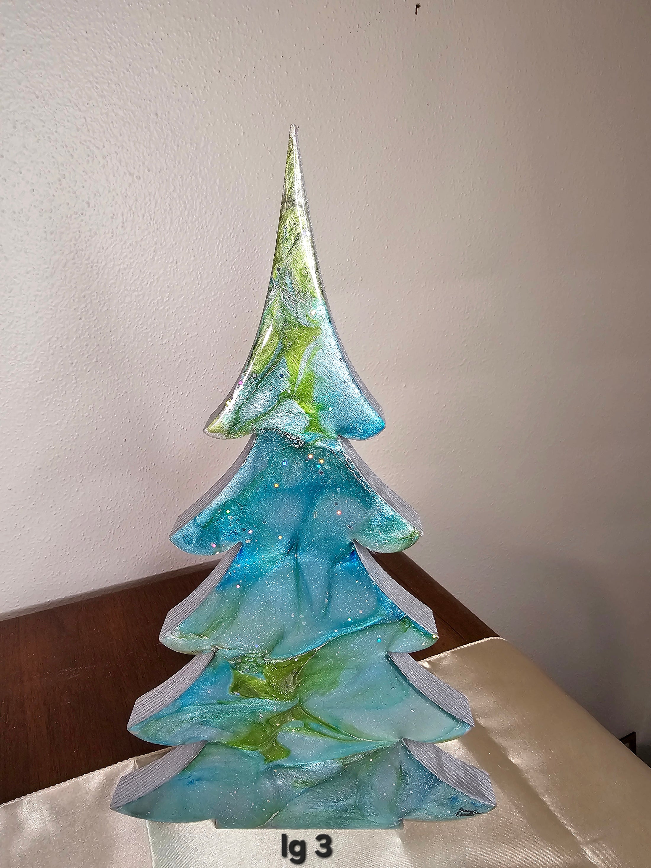 Handmade Blue Green Silver Resin Christmas Trees Holiday Mantelpiece in XL size, showcasing beautiful green and red colors with metallic accents and glitter.