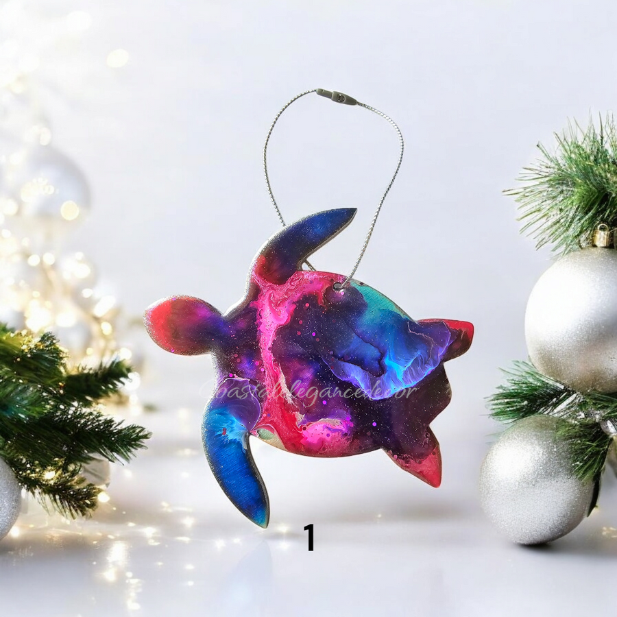 Colorful Sparkly Sea Turtles Christmas Resin and Wood Ornaments Handmade Multiple Colors