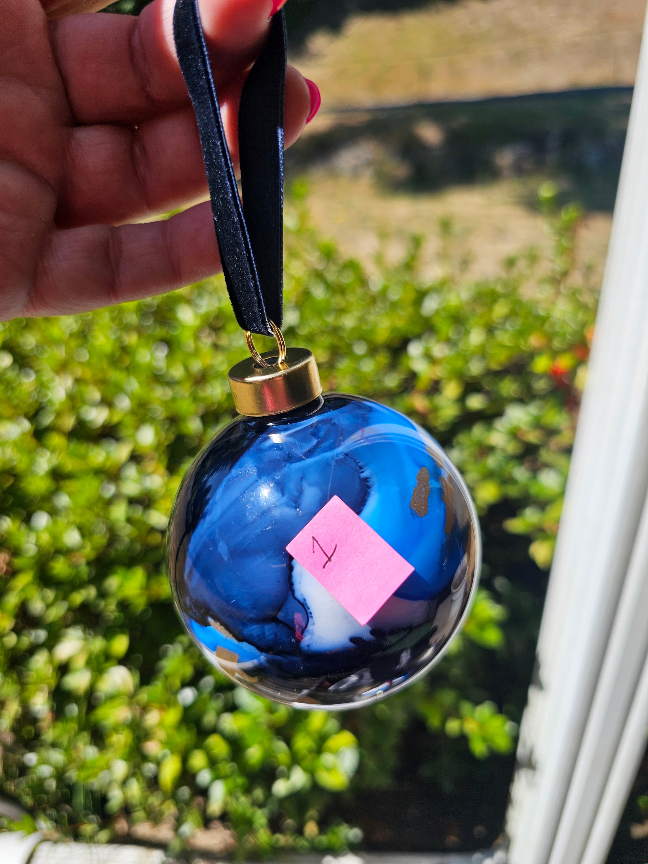 Handcrafted Deep Blue & Gold Ink Glass Christmas Ornament