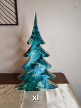 Load image into Gallery viewer, Handmade Teal and Gold Christmas Trees with Branches Holiday Shelf Sitter in three sizes, showcasing unique patterns and sparkling glitter accents.
