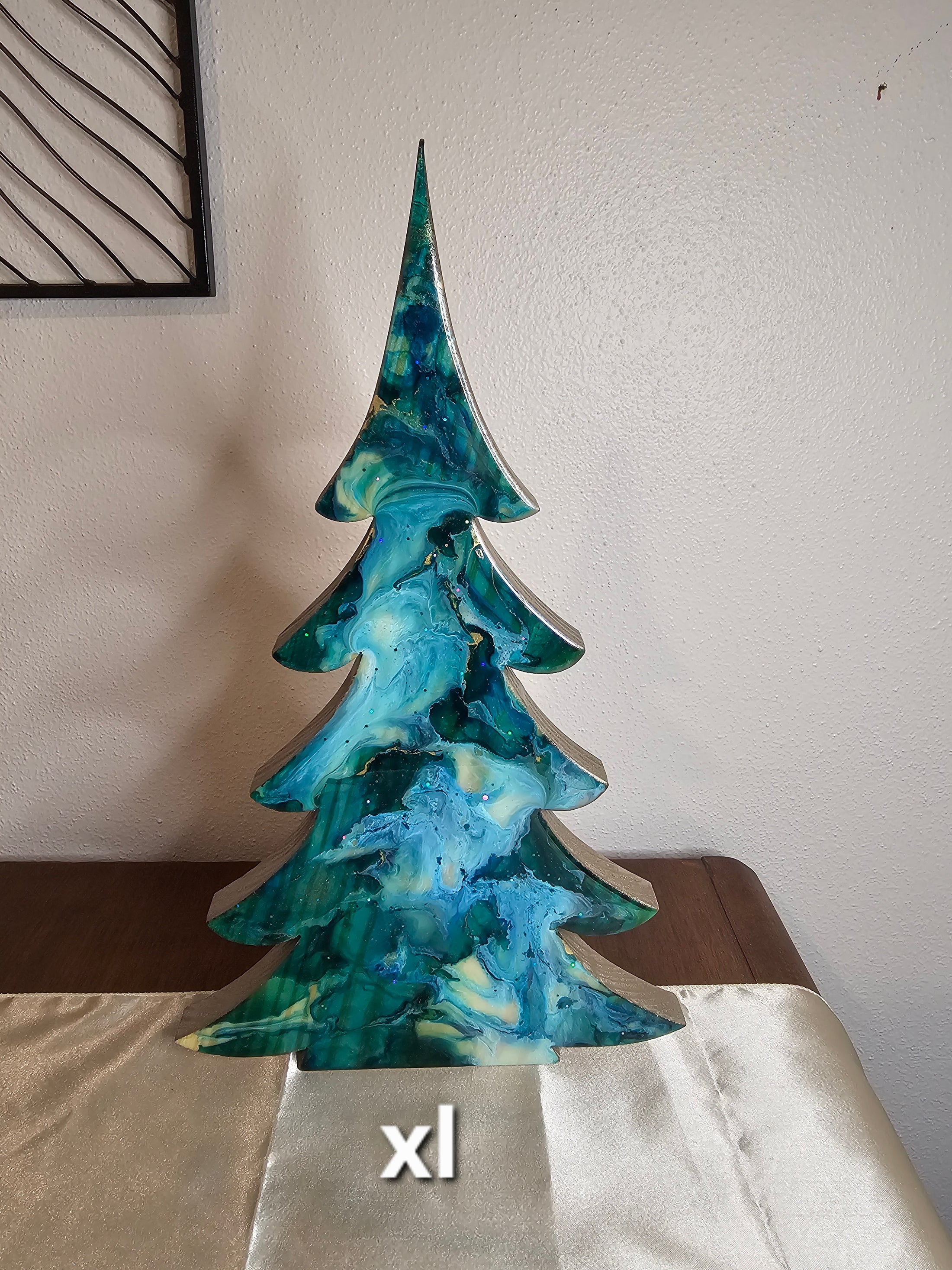 Handmade Teal and Gold Christmas Trees with Branches Holiday Shelf Sitter in three sizes, showcasing unique patterns and sparkling glitter accents.
