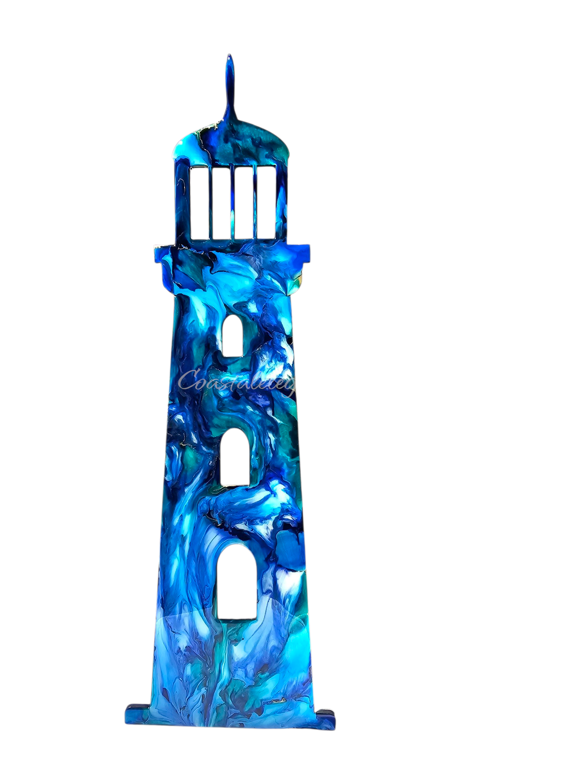 Vintage-inspired Large Coastal Lighthouse Resin Wall Beach House Decoration showcasing deep blues with gold metallic accents, ideal for home decor.