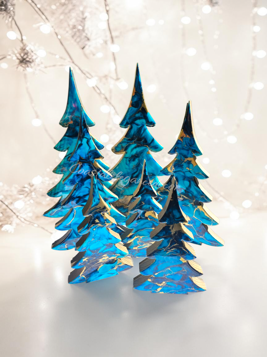 Handmade Light Blue, Navy & Gold Resin Wood Trees | Coastal Contemporary Tabletop Decor