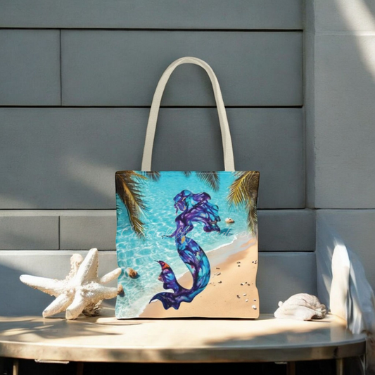Custom Original Art Purple Mermaid Tropical Beach Lover Tote Bag featuring a vibrant purple mermaid design, perfect for beach lovers. Available in 3 sizes, this unique tote is great for gifts and summer outings.