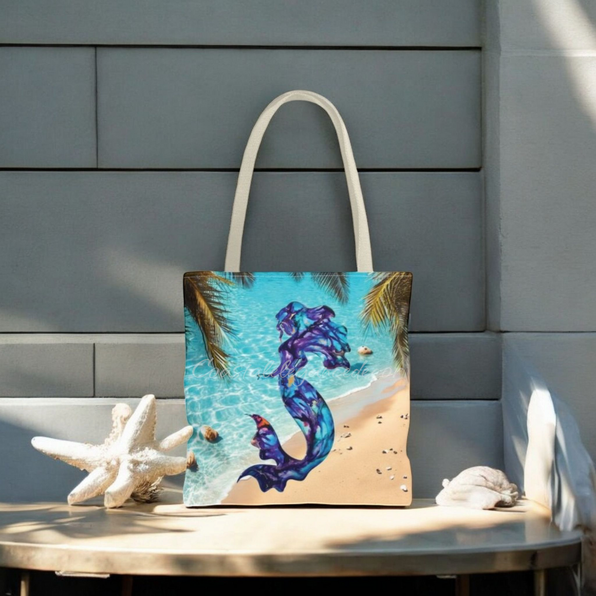 Custom Original Art Purple Mermaid Tropical Beach Lover Tote Bag 3 Sizes