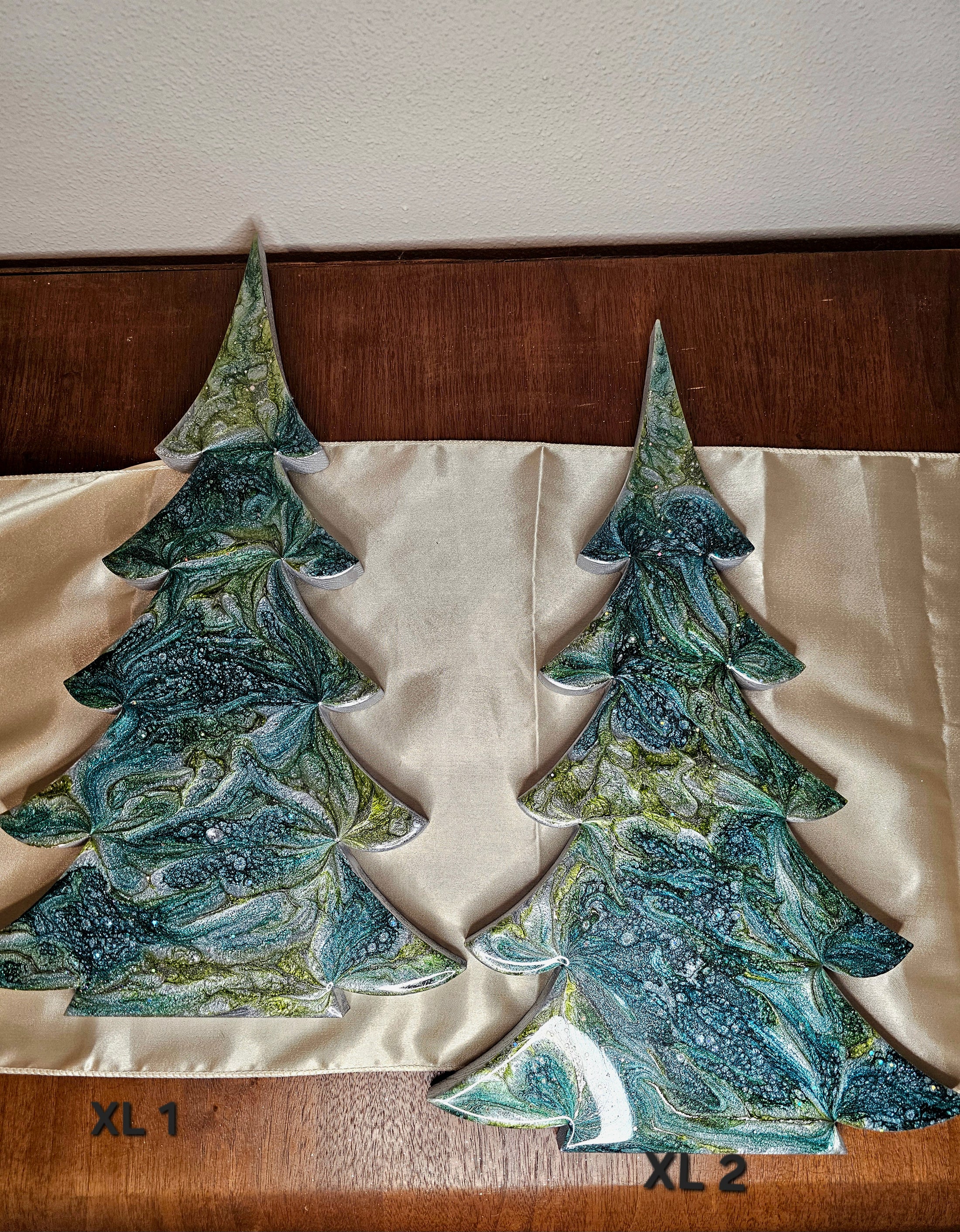 Handmade Green and Silver Resin Wood Christmas Trees Holiday Mantelpiece - Large 12 inch size, showcasing beautiful greens, silver accents, and unique designs.
