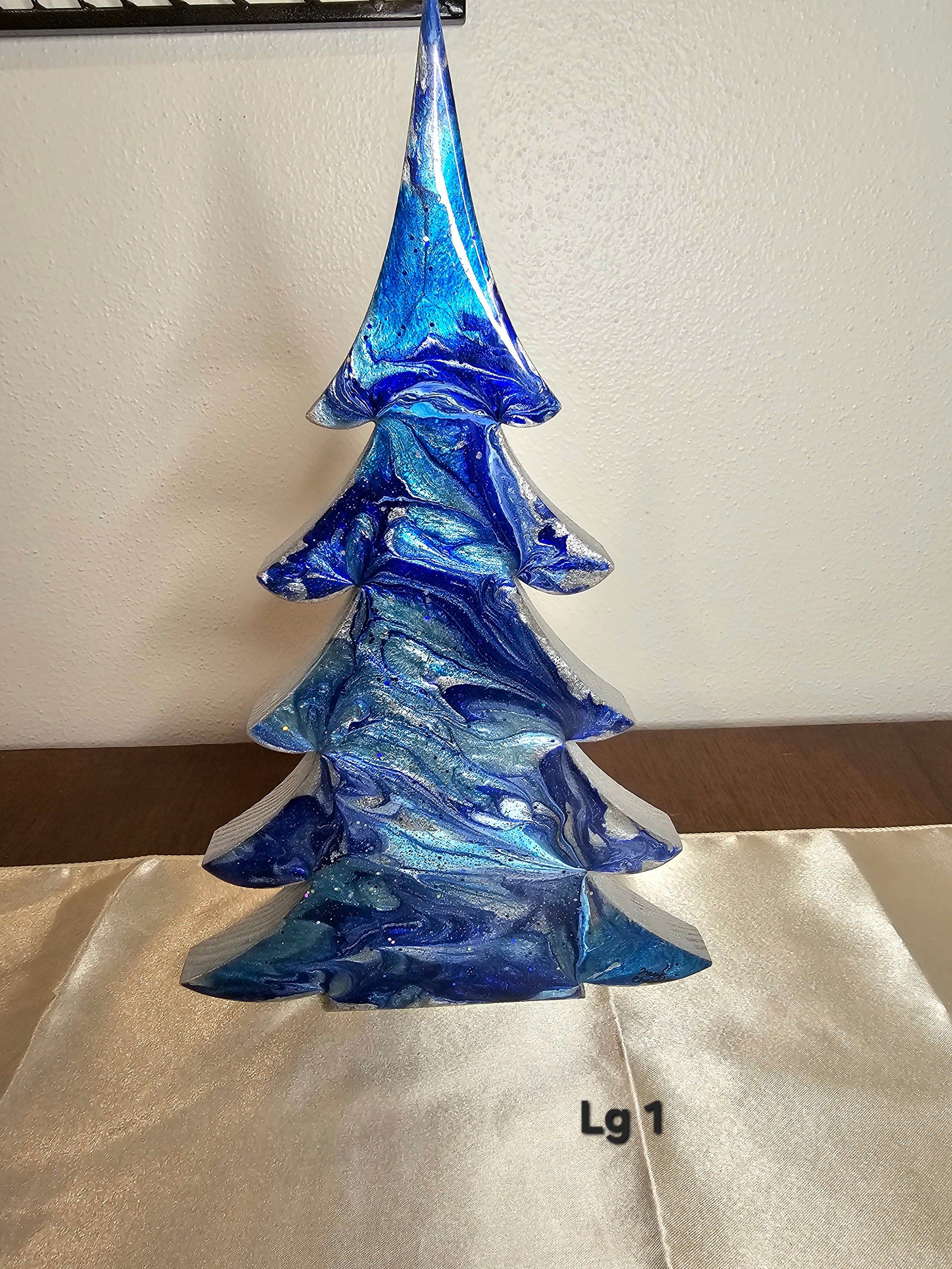 Handmade Cobalt and Silvery Blue Resin Wood Christmas Tree - Lg 12" perfect for Holiday Mantelpiece by Coastal Elegance Decor.