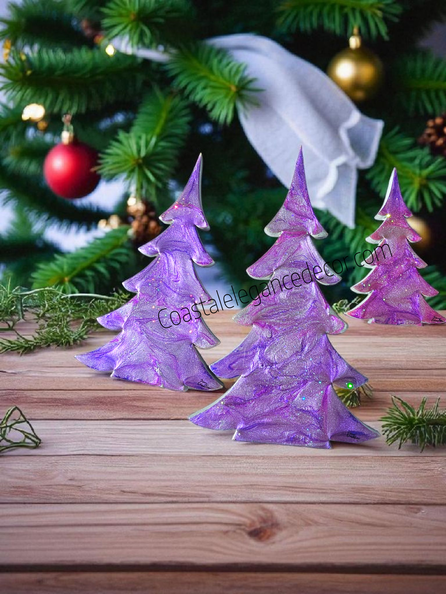Shimmery Silver Lavender and Pink Christmas Trees with Branches Holiday Mantelpiece 3 Sizes