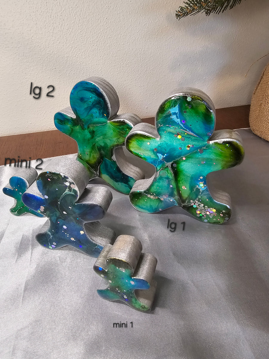 Chunky Wood with Resin Handmade Gingerbread Men Christmas Decorations Green Blue 3 Sizes