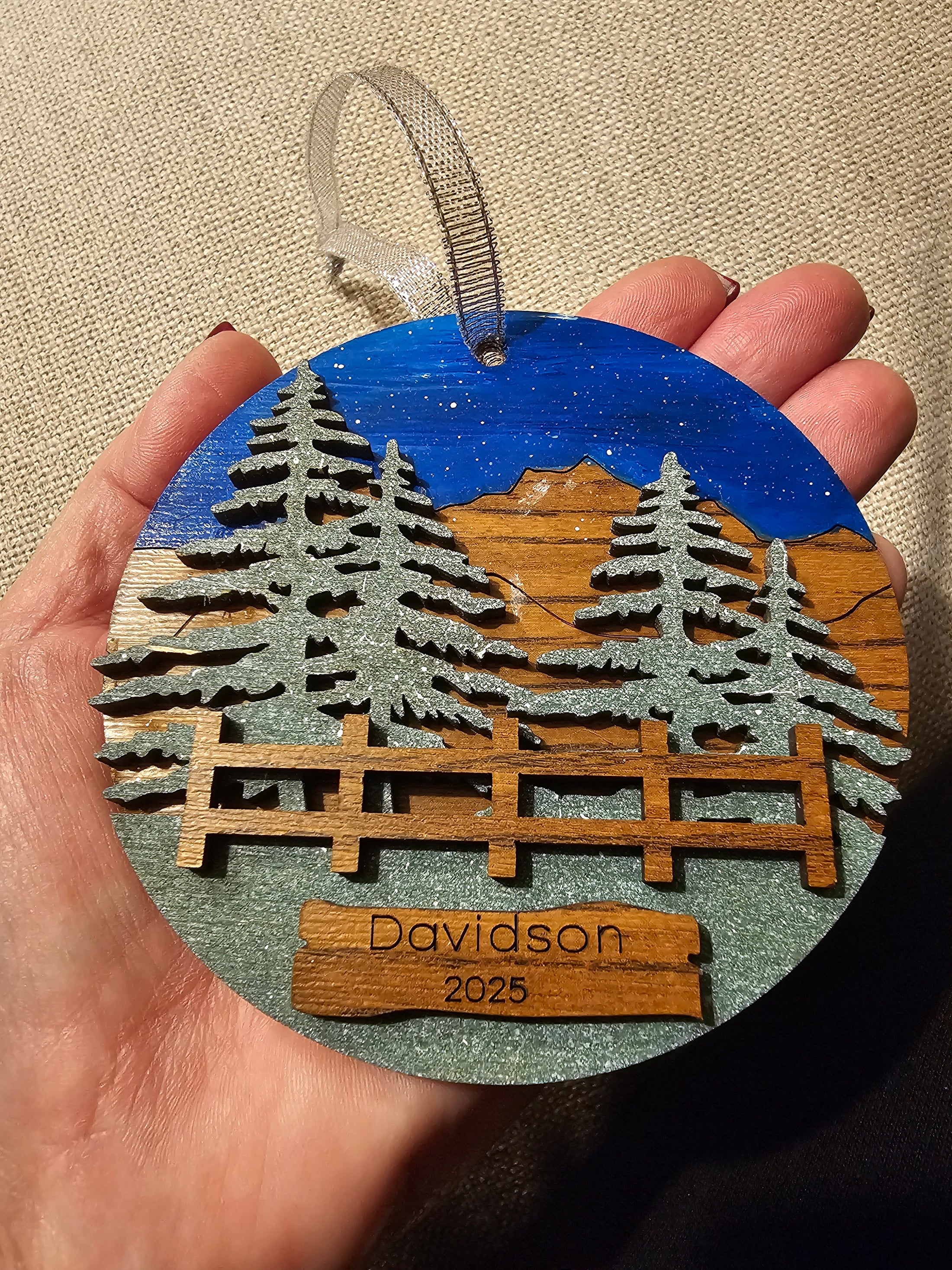 Personalized Snowy Trees, Mountains, Night Sky with Fence Wilderness Ornaments