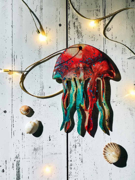 Beachy Jellyfish Handmade Christmas Tree Ornaments Resin and Wood