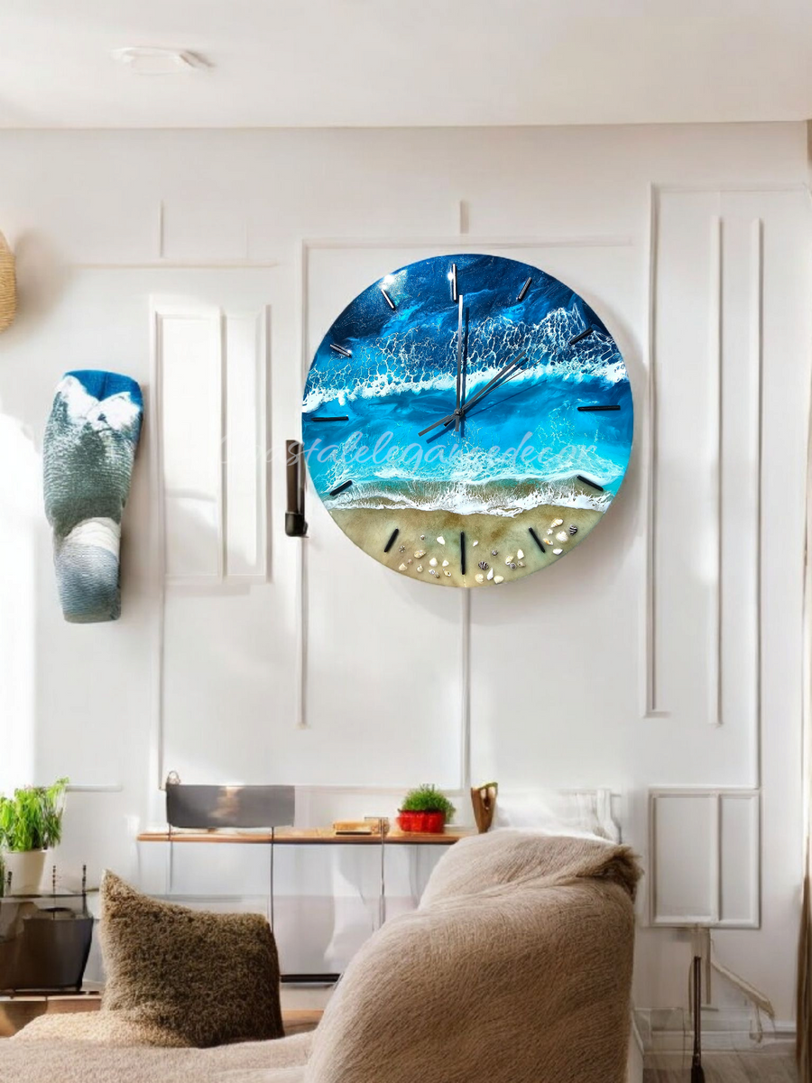 Ocean Blues 18 Inch Round Wall Clock With Real Beach Sand, Seashells, and Resin Waves