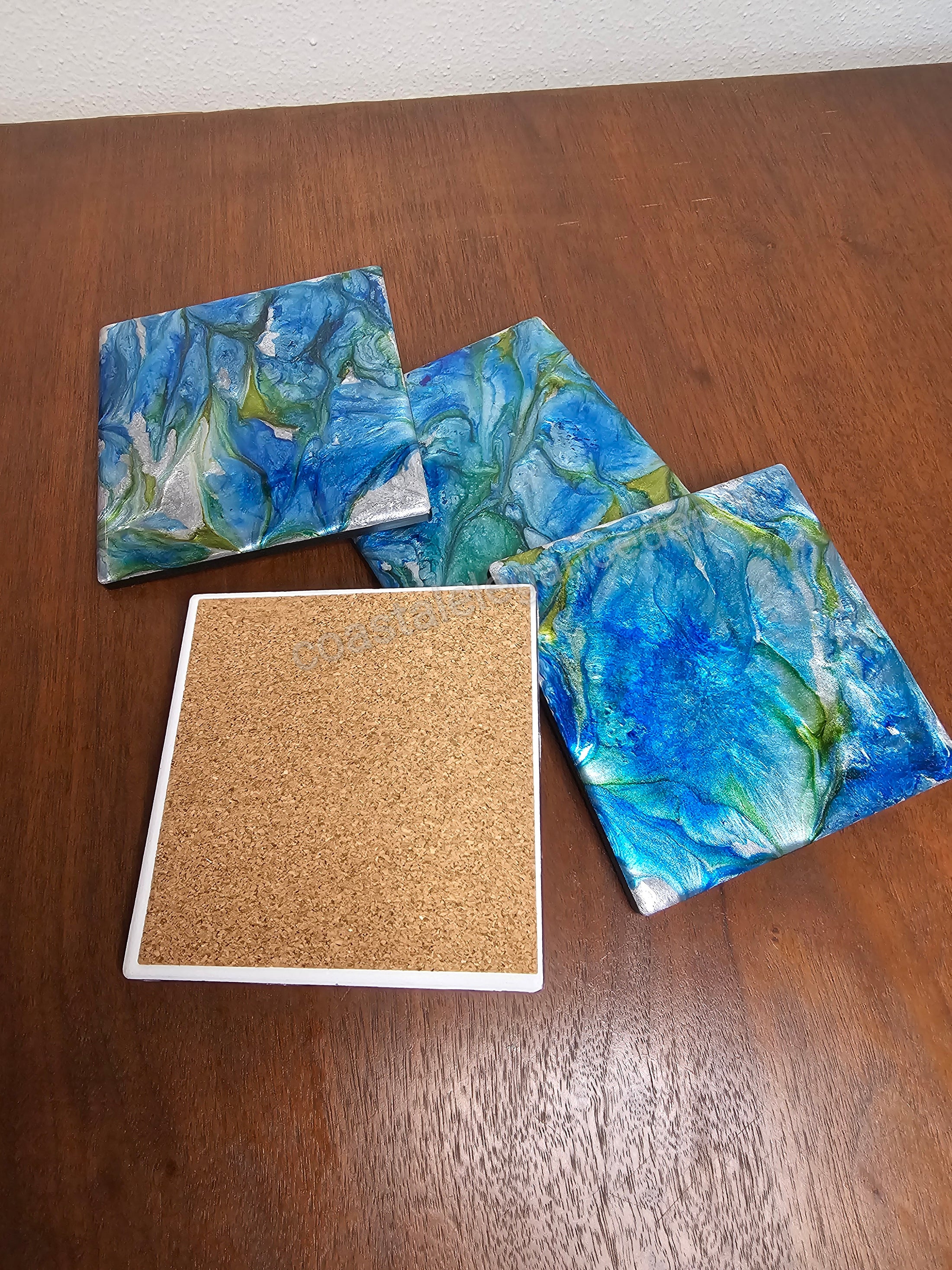 Blue and Green Resin on Ceramic Glass Drink Coasters 4 x 4 Inch Square