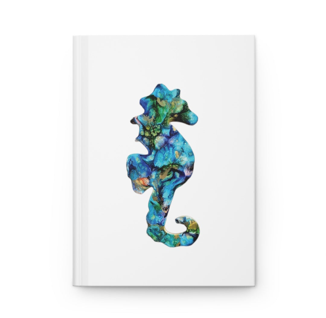 Beautiful Coastal Seahorse Print Hardcover Journal Lined Paper with an artistic seahorse design, designed for convenience and elegance in a handbag or tote.