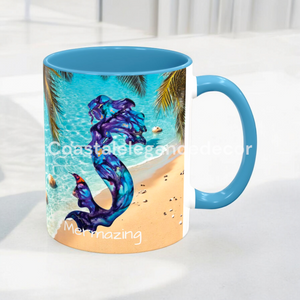 Original Art Print Beach Mermaid Mermazing Ceramic Coffee Cup Personalize It Beachy 11 Ounce Mug