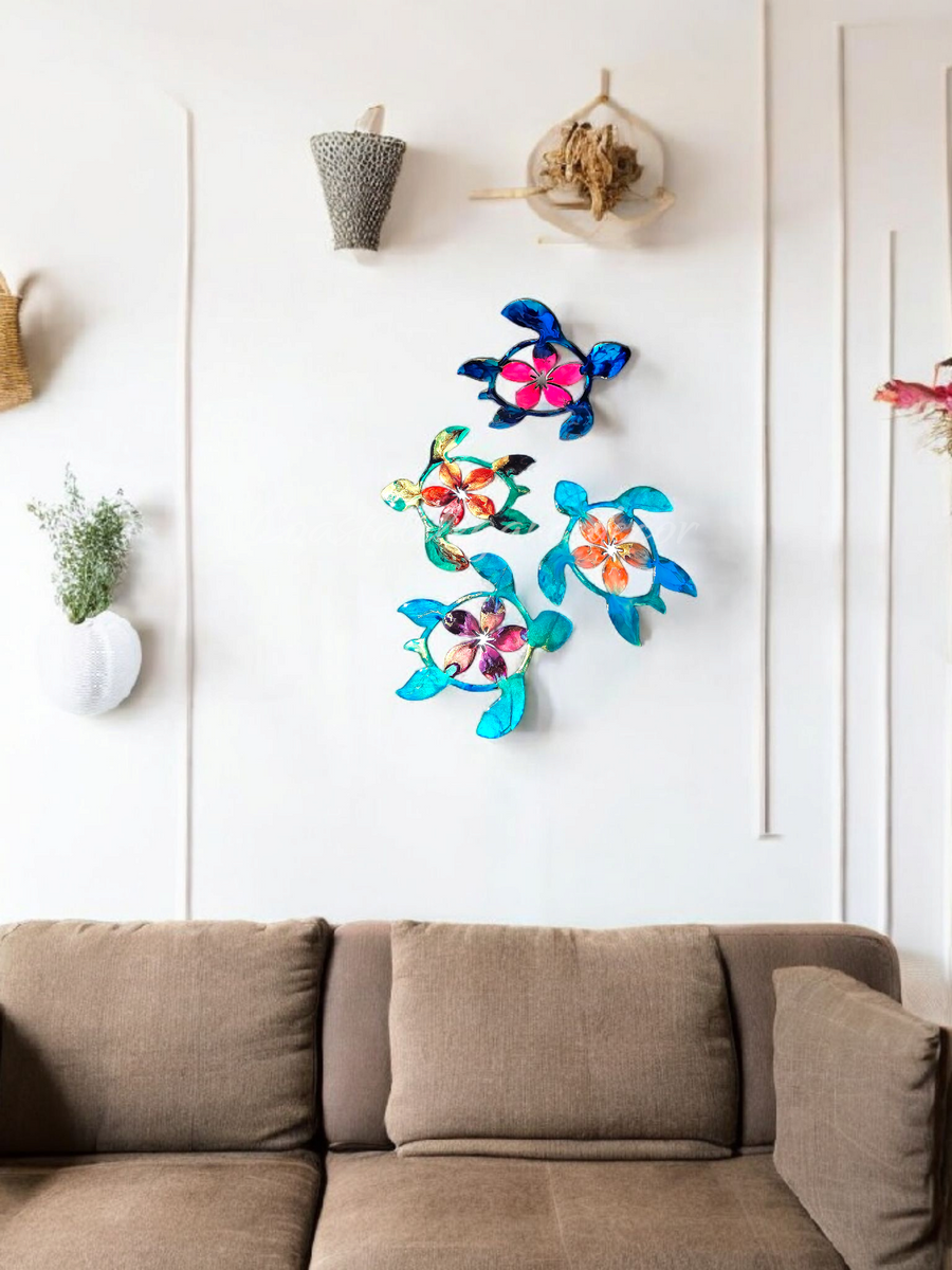 Handcrafted 10" Coastal Polynesian Flower Sea Turtle Wall Art Decor with Vibrant Colors
