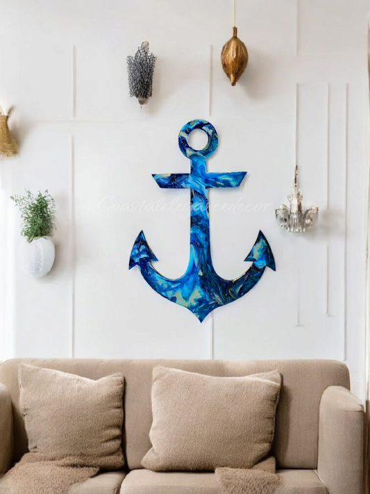 Close-up of the handmade resin on wood coastal anchor wall decor, showcasing its intricate details and bold design, ideal for coastal home interiors.