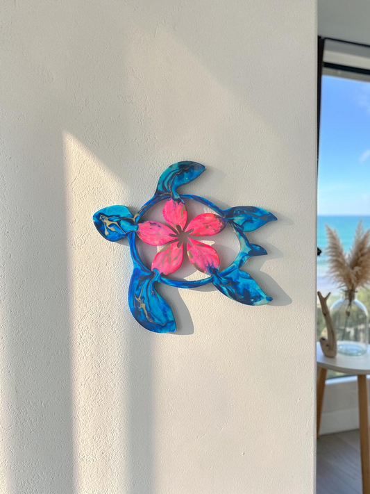 Handcrafted Coastal Polynesian Tropical Flower Sea Turtle Wall Decor