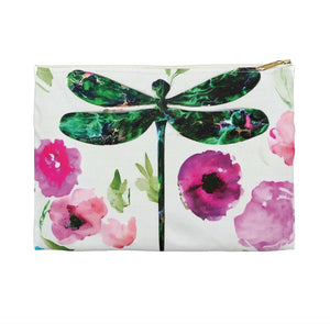 Green Dragonfly with Pink Flowers Original Art Accessory Pouch