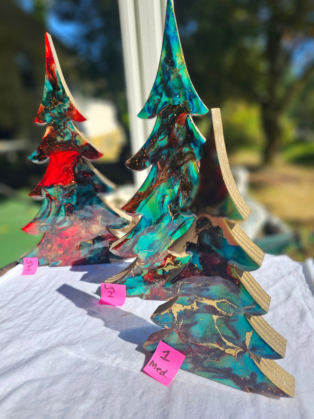 Handmade Turquoise Christmas Trees Shelf Sitter with Red Resin and Gold Accents Multiple Sizes