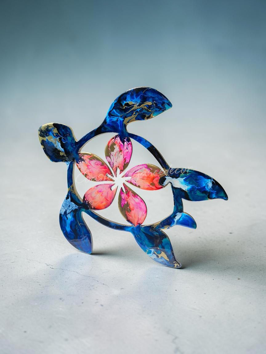 Handcrafted Coastal Polynesian Tripical Flower Sea Turtle Wall Decor