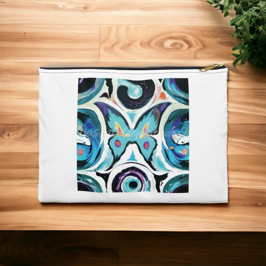 Beautiful Butterfly Original Art Accessory Pouch featuring a vibrant butterfly print with a bold contemporary background, perfect for cosmetics or travel purposes.