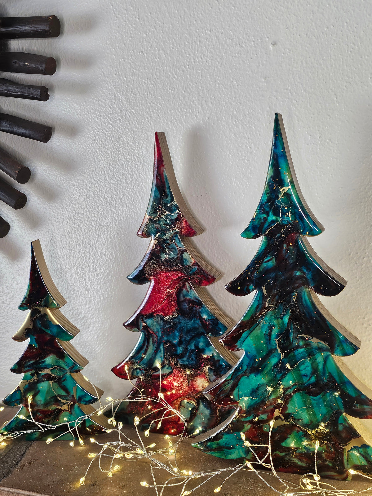 Handmade Turquoise Christmas Trees Shelf Sitter with Red Resin and Gold Accents Multiple Sizes