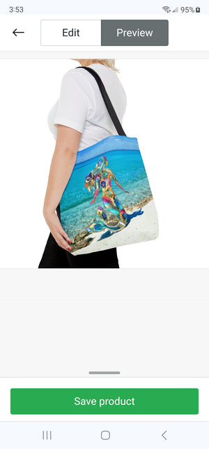 Printed Original Art Mermaid on a Tropical Beach Tote Bag 3 sizes