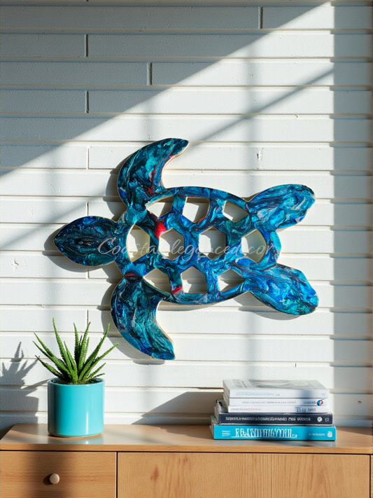 Beautiful Blue & Turquoise Shimmer Handmade Sea Turtle Wall Decoration by Coastal Elegance Decor, showcasing a shimmering sea turtle that enhances any beach-inspired decor with its artistic flair.