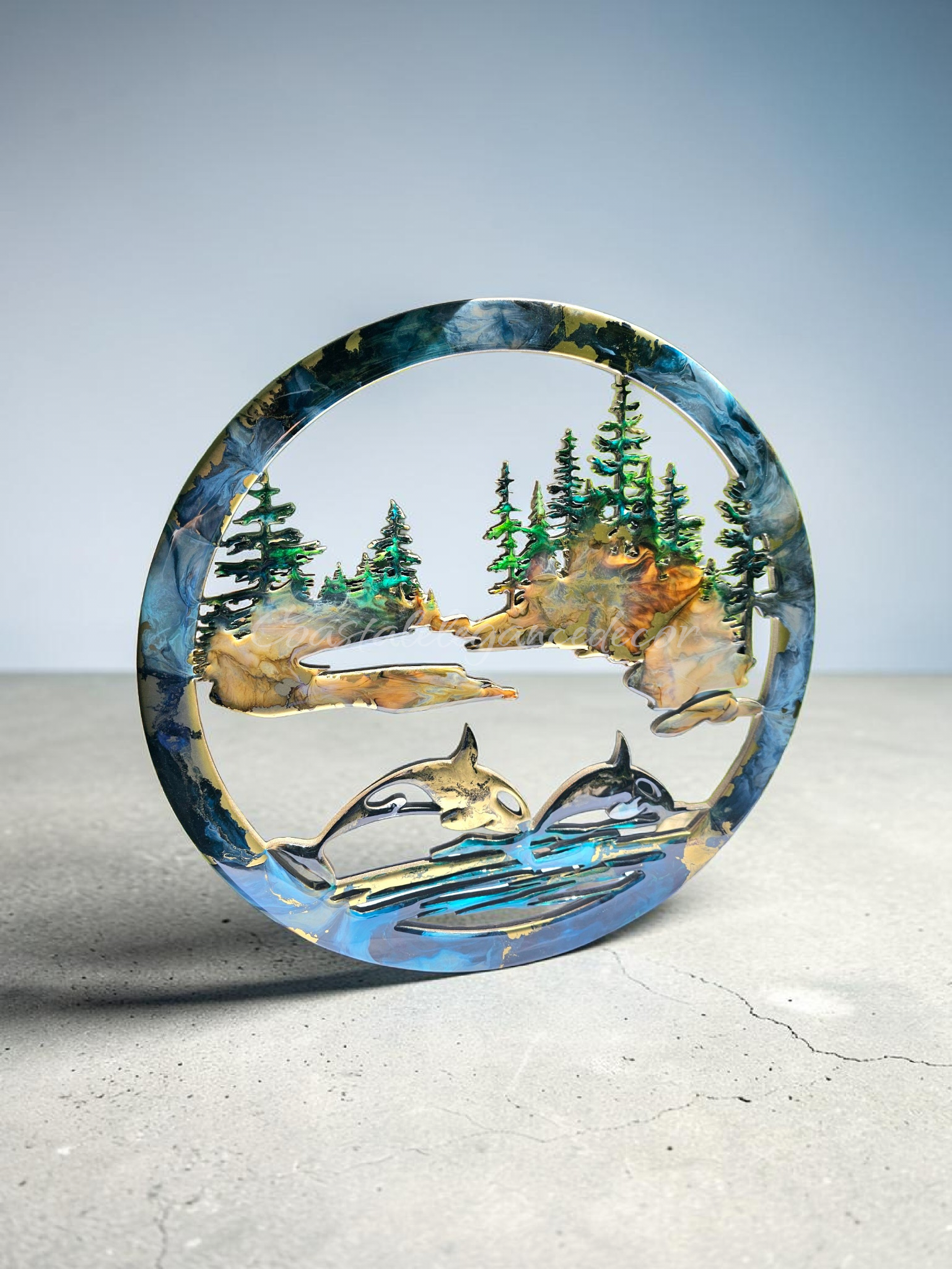16" Orca and Forest Coastal Wall Art | Wood & Resin Round