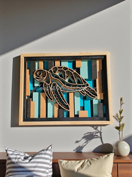 Hand-Painted Layered Wood Sea Turtle Wall Art – 11x14 Coastal Blues in Wood Cradle