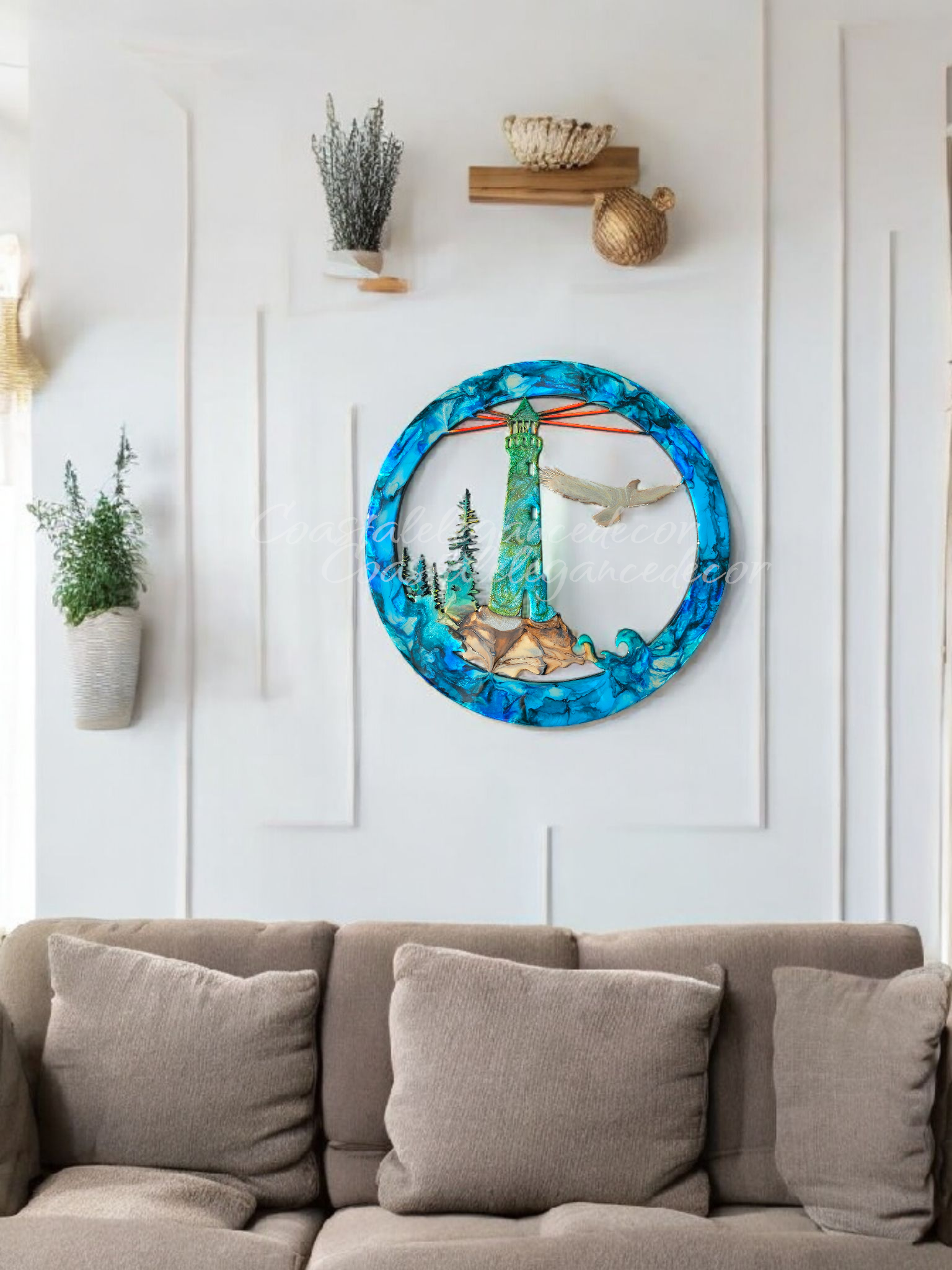 Unique Lighthouse Wall Art with Eagle and Tree Scene in Multiple Colors - 15.75" Round Framed Decor