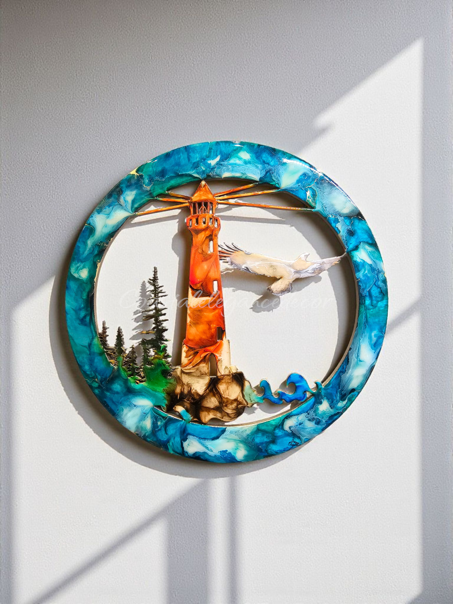 Unique Lighthouse Wall Art with Eagle and Tree Scene in Multiple Colors - 15.75" Round Framed Decor