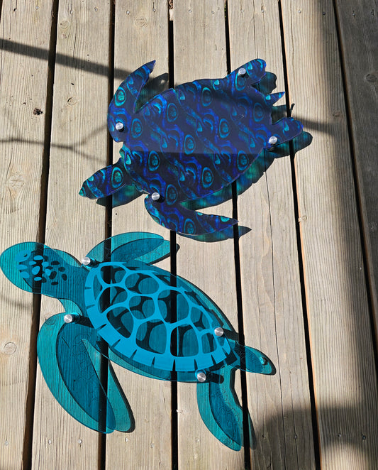 Teal Sea Turtle wall art, custom engraved 1/4 inch acrylic by Coastal Elegance Decor for indoor or outdoor beach house decoration.