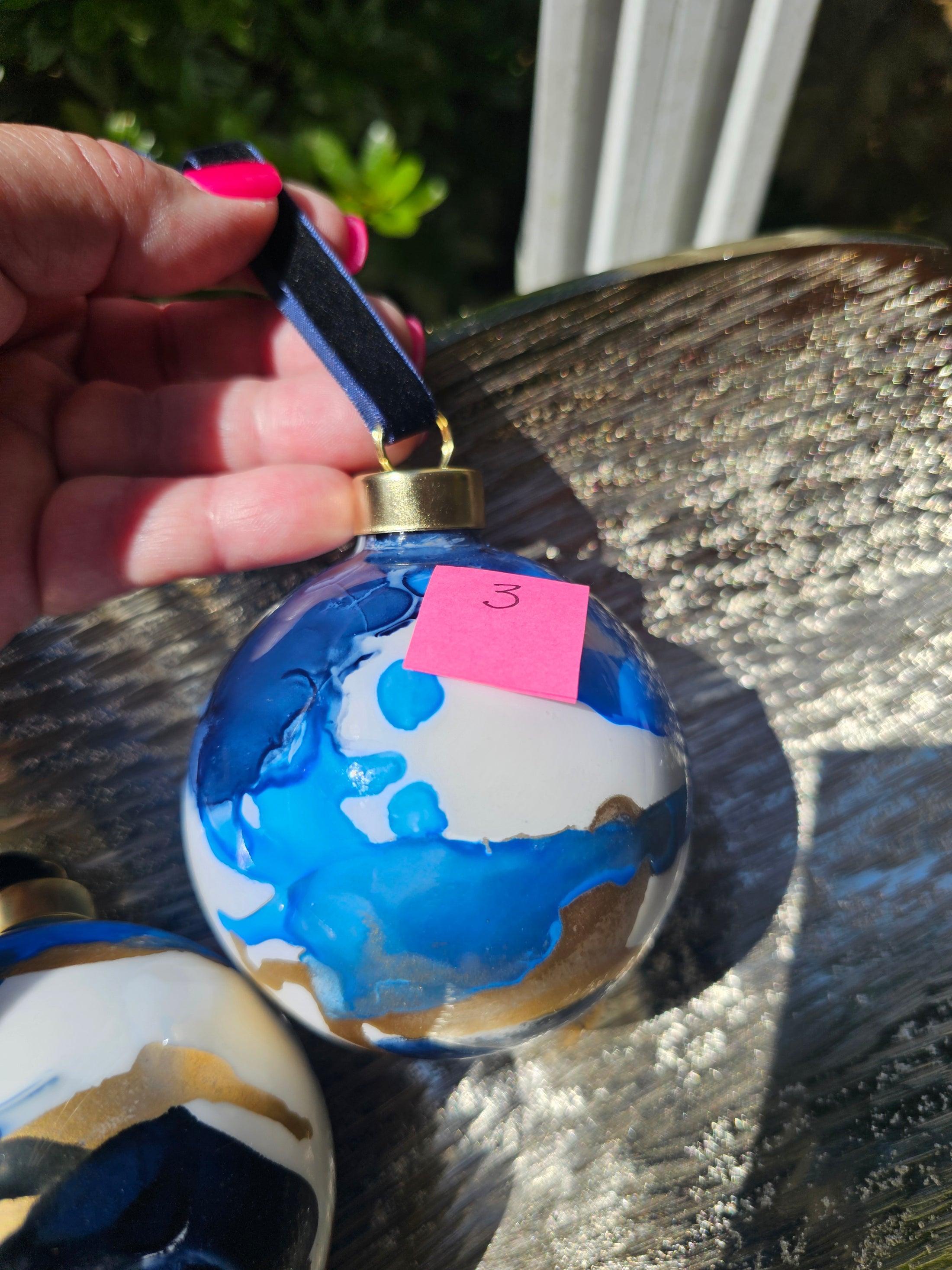 Handcrafted Deep Blue & Gold Ink Glass Christmas Ornament