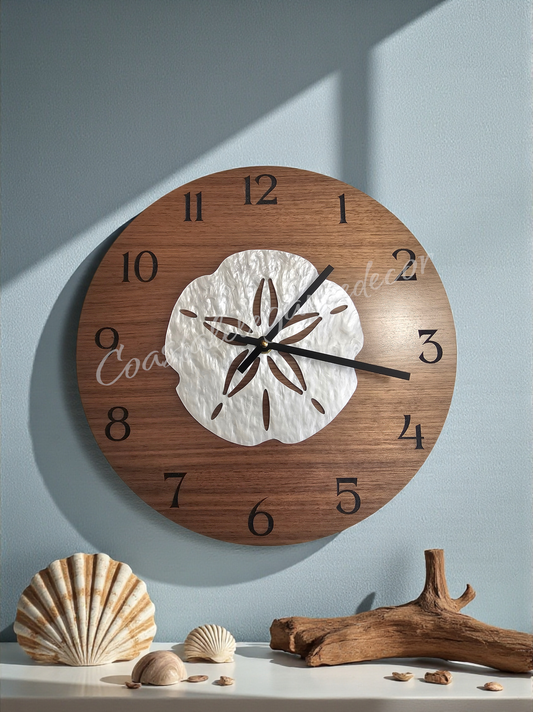 Coastal Sand Dollar Wall Clock - 12" Walnut Wood MDF with Pearl Acrylic Overlay
