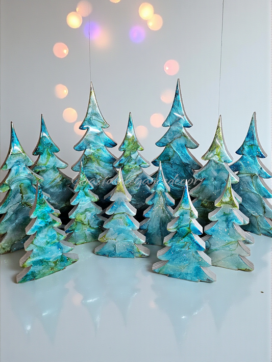 Handmade Blue Green Silver Resin Christmas Trees - Unique holiday mantelpiece decorations available in 3 sizes for festive decor.