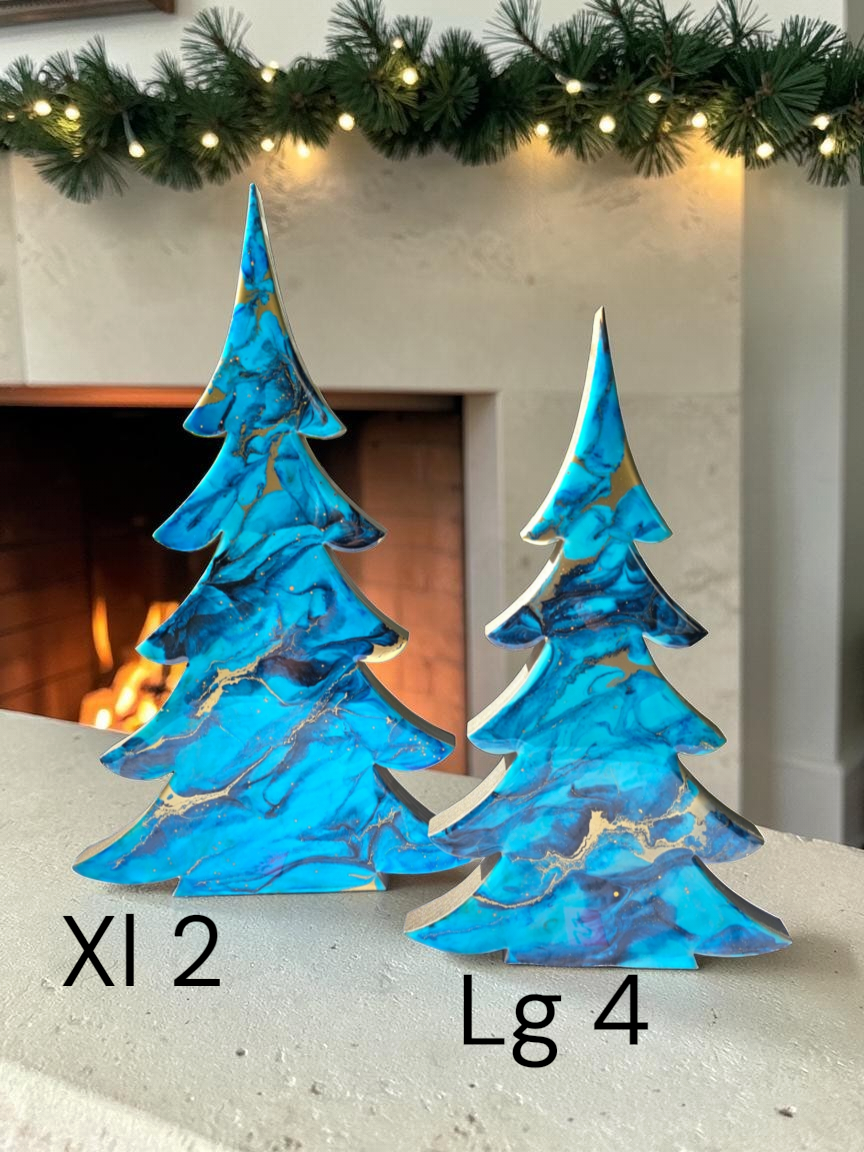 Handmade Light Blue, Navy & Gold Resin Wood Trees | Coastal Contemporary Tabletop Decor
