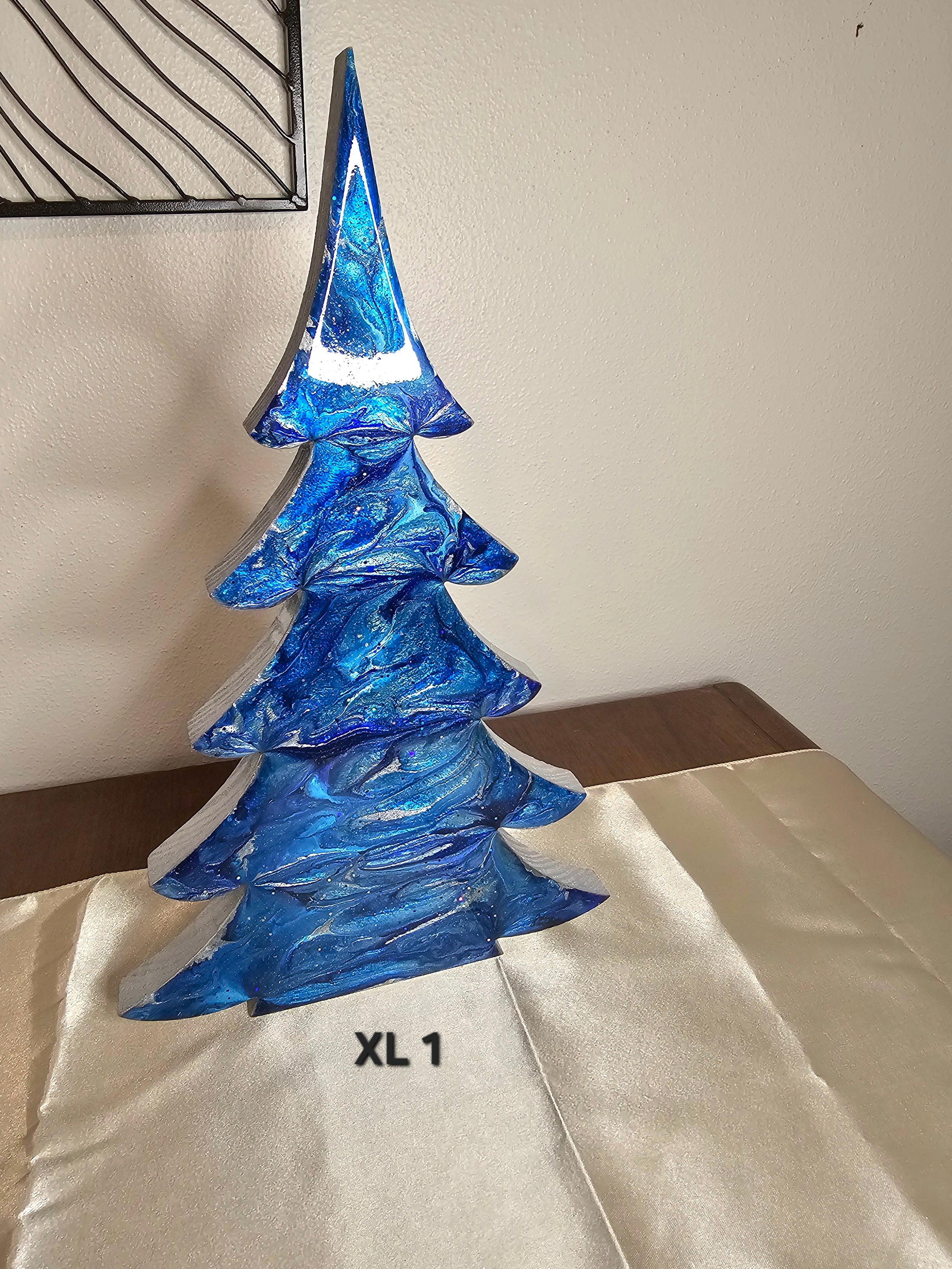 Handmade Cobalt and Silvery Blue Resin Wood Christmas Tree - Medium 8" festive decoration for Holiday Mantelpiece by Coastal Elegance Decor.
