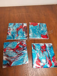 Charger l'image dans la visionneuse de la galerie, Turquoise and Red Resin on Ceramic Glass Drink Coasters 4 x 4 Inch Square
