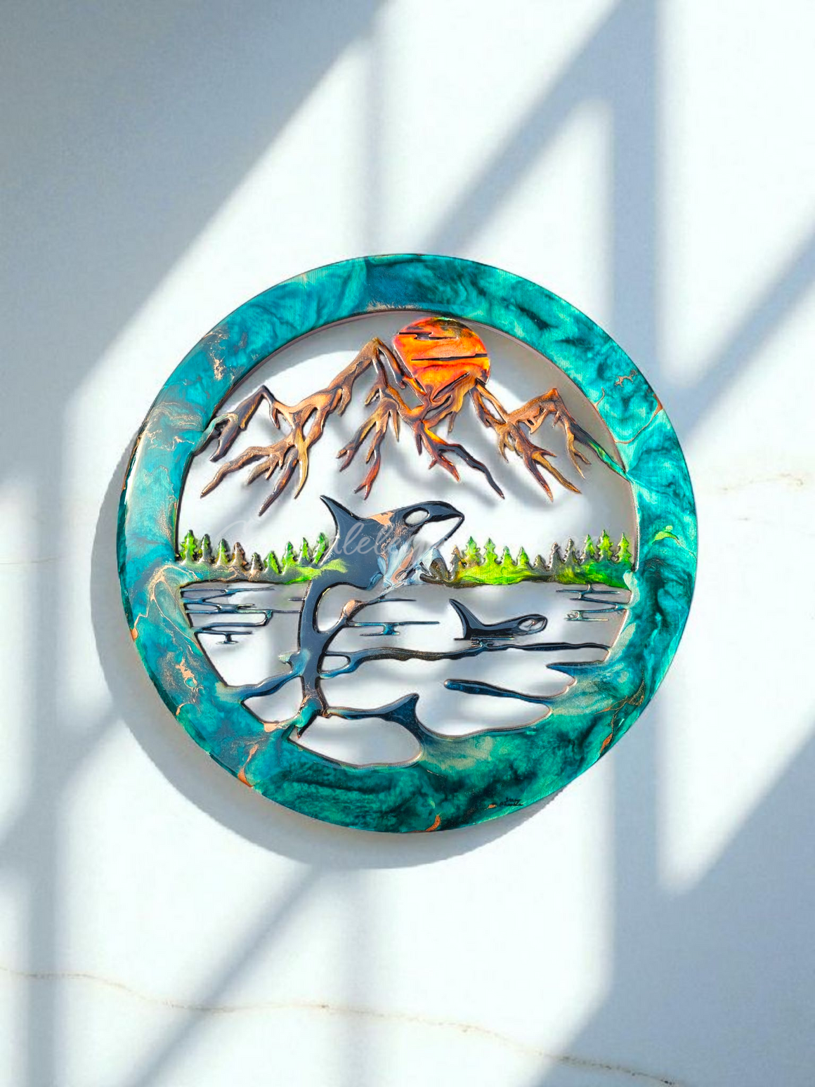 Orca Whales Pacific Northwest Wall Art with Mountains, Trees & Gold Accents - 15.75" Handmade Decor