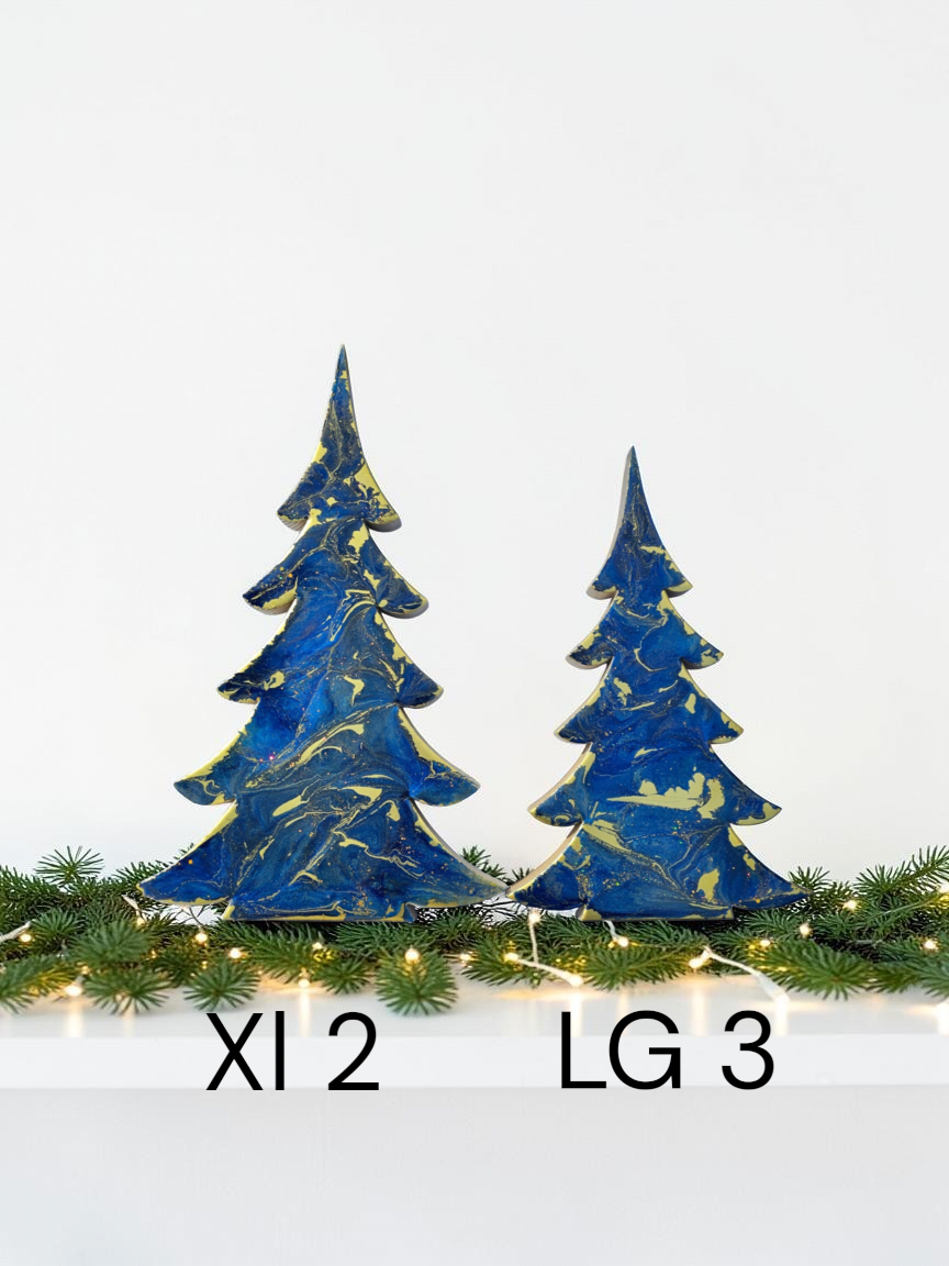 Rich Indigo Blue and Gold Handmade Resin and Wood Christmas Trees