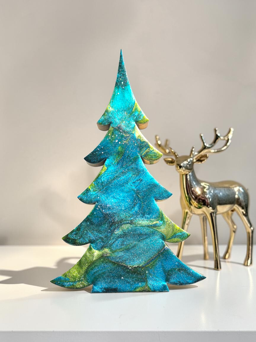 Handcrafted Tabletop Christmas Tree | Luxury Statement Piece | Tealish-Turquoise Blue, Green & Silver