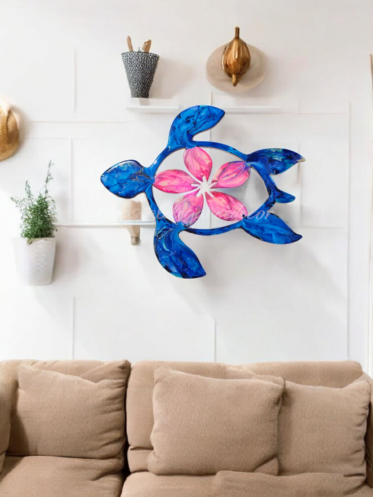 Handcrafted Coastal Polynesian Flower Sea Turtle Wall Decor - 16" x 15.5" Tropical Art